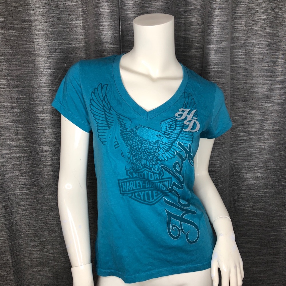 Harley Davison V-neck T-shirt teal size medium